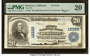 image for: Berkeley, CA - $20 1902 Plain Back Fr. 661 First National Bank Ch. # 12320 PMG Very Fine 20....