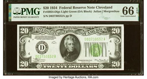 image for: Fr. 2054-D $20 1934 Light Green Seal Federal Reserve Note. PMG Gem Uncirculated 66 EPQ....