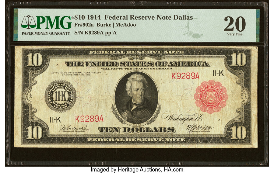 image for: Fr. 902a $10 1914 Red Seal Federal Reserve Note PMG Very Fine 20....
