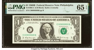 image for: Fancy Serial Number 00999999 Fr. 1905-C $1 1969B Federal Reserve Note. PMG Gem Uncirculated 65 EPQ....