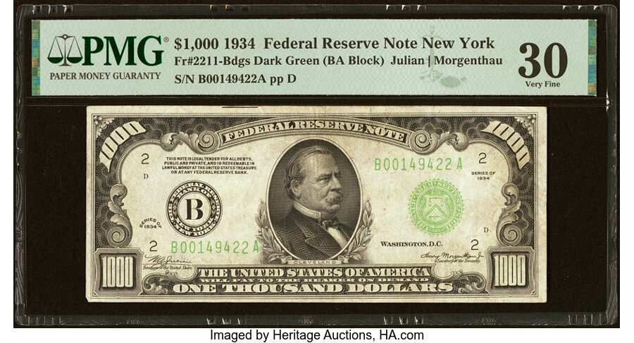 image for: Fr. 2211-B $1,000 1934 Federal Reserve Note. PMG Very Fine 30....