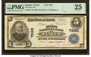 image for: Sanger, TX - $5 1902 Plain Back Fr. 599 The First National Bank Ch. # 7886 PMG Very Fine 25....