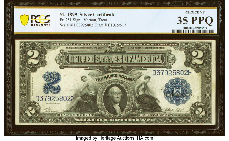image for: Fr. 251 $2 1899 Silver Certificate PCGS Banknote Choice VF 35 PPQ....