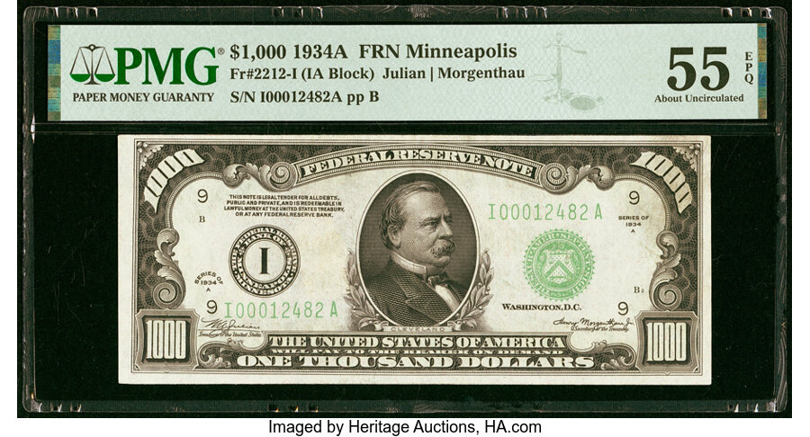 image for: Fr. 2212-I $1,000 1934A Federal Reserve Note. PMG About Uncirculated 55 EPQ....