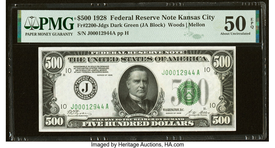 image for: Fr. 2200-J $500 1928 Federal Reserve Note. PMG About Uncirculated 50 EPQ....