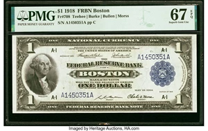 image for: Fr. 708 $1 1918 Federal Reserve Bank Note PMG Superb Gem Unc 67 EPQ....
