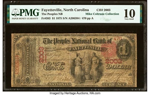 image for: Fayetteville, NC - $1 1875 Fr. 383 The Peoples National Bank Ch. # 2003 PMG Very Good 10....