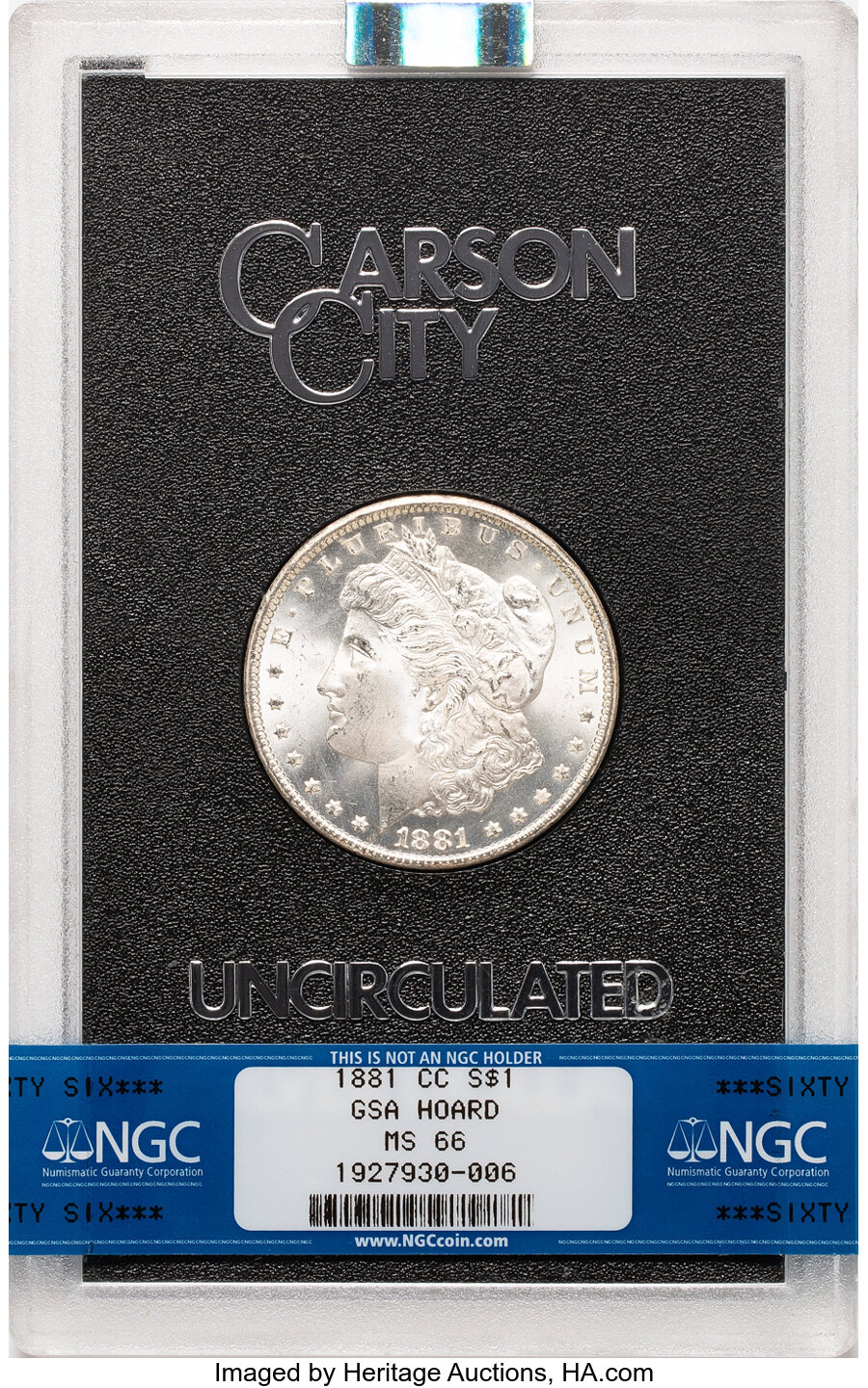 1881-CC $1 GSA MS66 NGC. Box and COA Included. NGC Census: (552/50). PCGS Population: (80/4). CDN: $1,300 Whsle. Bid for NG...