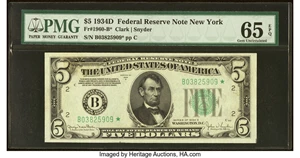 image for: Fr. 1960-B* $5 1934D Federal Reserve Star Note. PMG Gem Uncirculated 65 EPQ....