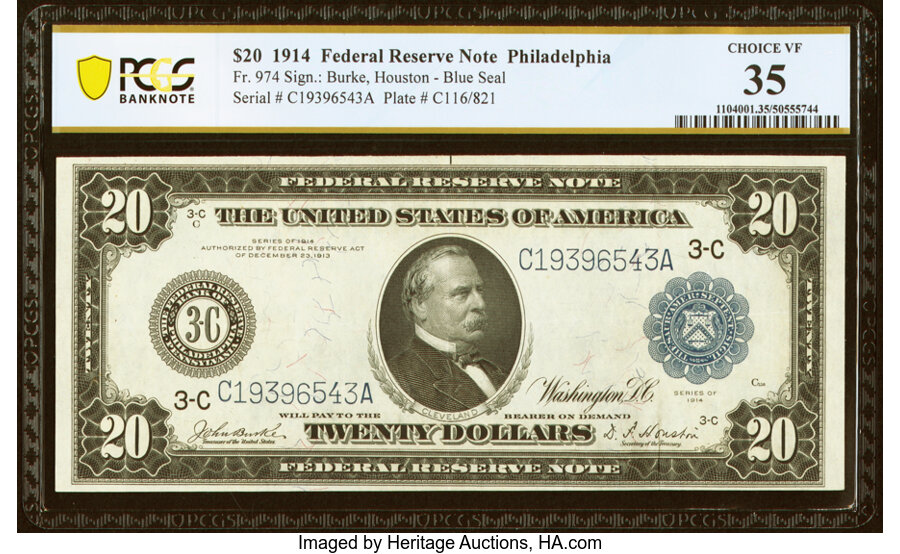 image for: Fr. 974 $20 1914 Federal Reserve Note PCGS Banknote Choice VF 35....