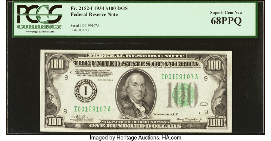 image for: Fr. 2152-I $100 1934 Federal Reserve Note. PCGS Superb Gem New 68PPQ....