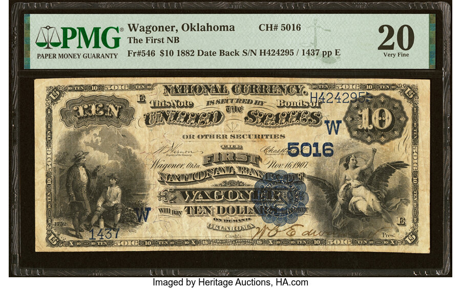 image for: Wagoner, OK - $10 1882 Date Back Fr. 546 The First National Bank Ch. # (W)5016 PMG Very Fine 20....