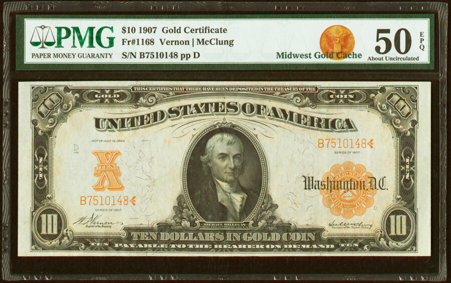 image for: Fr. 1168 $10 1907 Gold Certificate PMG About Uncirculated 50 EPQ....