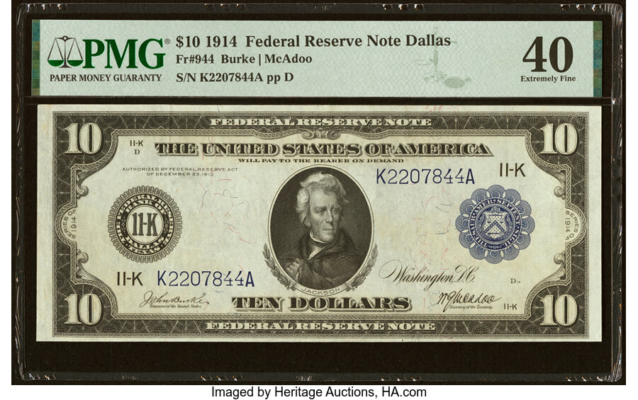 image for: Fr. 944 $10 1914 Federal Reserve Note PMG Extremely Fine 40....