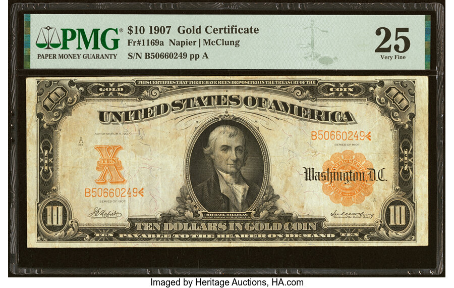 image for: Fr. 1169a $10 1907 Gold Certificate PMG Very Fine 25....