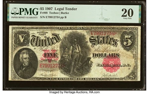 image for: Fr. 88 $5 1907 Legal Tender PMG Very Fine 20....