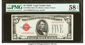 image for: Fr. 1529 $5 1928D Mule Legal Tender Note. PMG Choice About Unc 58 EPQ....