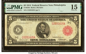 image for: Fr. 834b $5 1914 Red Seal Federal Reserve Note PMG Choice Fine 15....