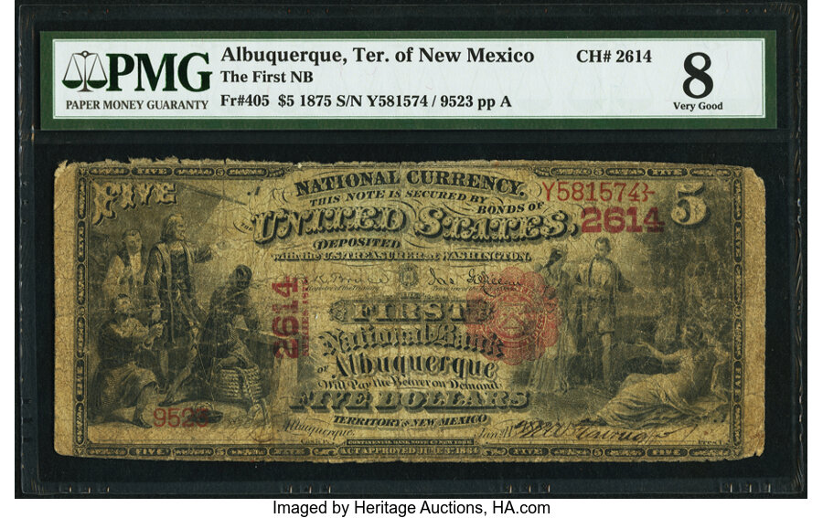 image for: Albuquerque, NMT - $5 1875 Fr. 405 The First National Bank Ch. # 2614 PMG Very Good 8....