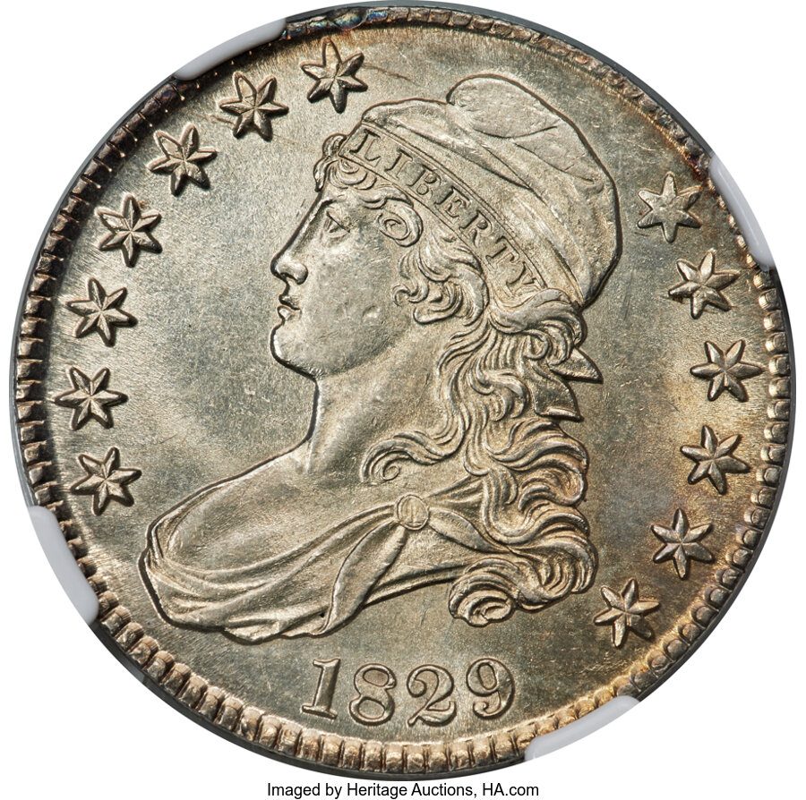 image for: 1829 50C Small Letters, O-105, R.1, MS61 NGC....