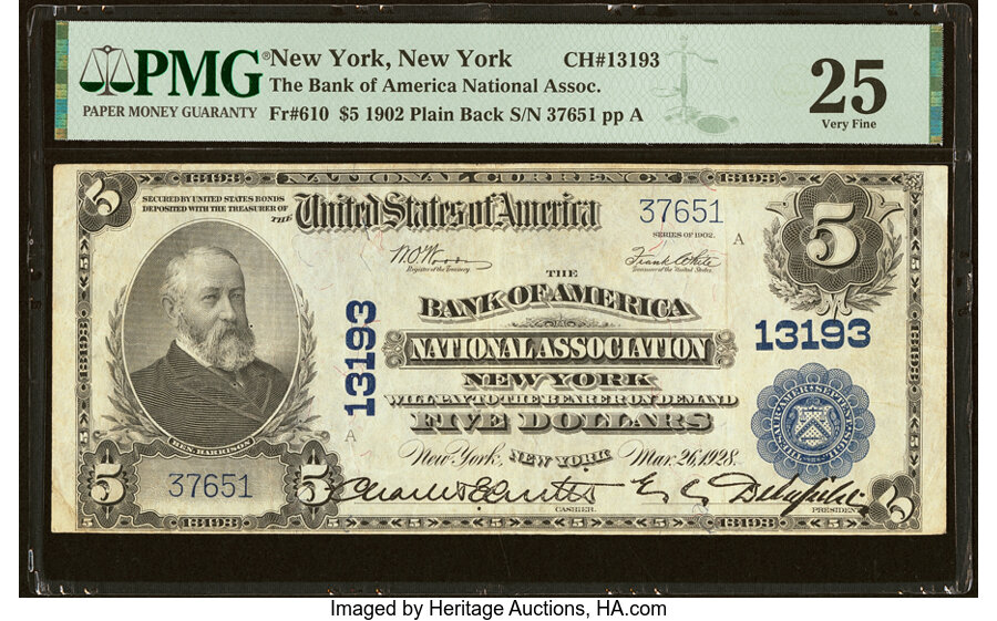 image for: New York, NY - $5 1902 Plain Back Fr. 610 The Bank of America National Assoc Ch. # 13193 PMG Very Fine 25....