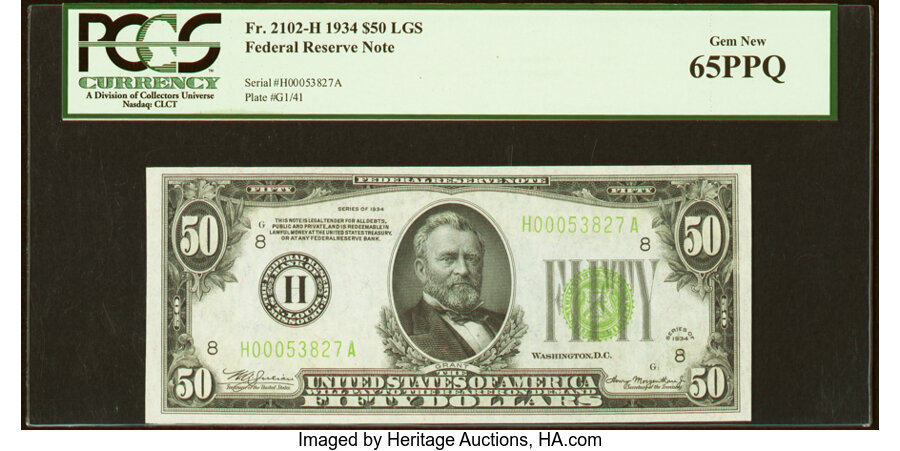 image for: Fr. 2102-H $50 1934 Light Green Seal Federal Reserve Note. PCGS Gem New 65PPQ....