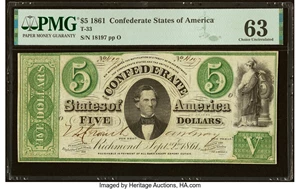 image for: T33 $5 1861 PF-19 Cr. 257b PMG Choice Uncirculated 63....