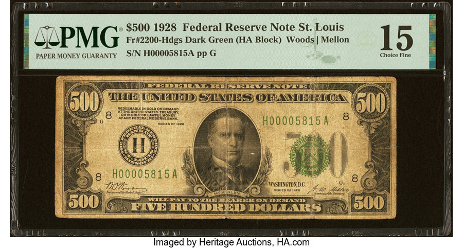 image for: Fr. 2200-H $500 1928 Federal Reserve Note. PMG Choice Fine 15....