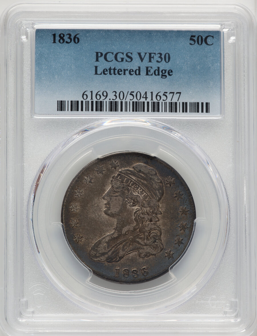 image for: 1836 50C Lettered Edge, O-114, R.2, VF30 PCGS.  Mintage 6,545,000....