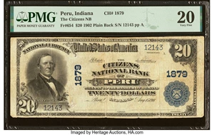 image for: Peru, IN - $20 1902 Plain Back Fr. 654 The Citizens National Bank Ch. # 1879 PMG Very Fine 20....