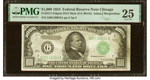image for: Fr. 2211-G $1,000 1934 Federal Reserve Note. PMG Very Fine 25....