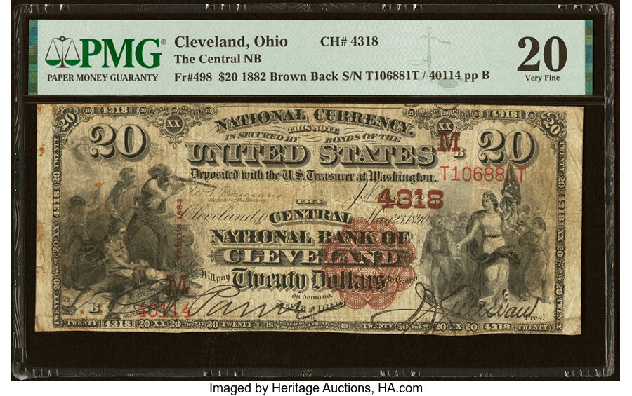 image for: Cleveland, OH - $20 1882 Brown Back Fr. 498 The Central National Bank Ch. # (M)4318 PMG Very Fine 20....