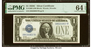 image for: Fr. 1603 $1 1928C Silver Certificate. PMG Choice Uncirculated 64 EPQ....