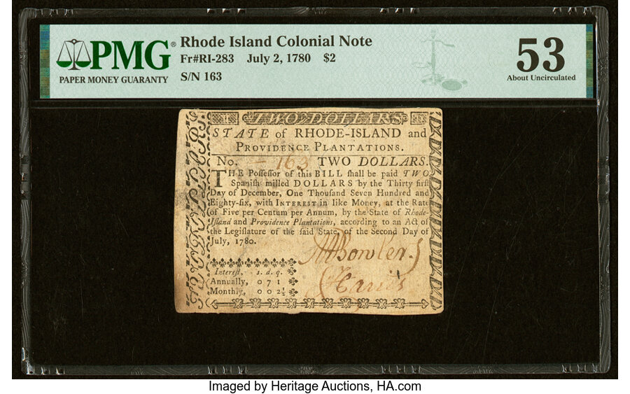 image for: Fully Signed Rhode Island July 2, 1780 $2 PMG About Uncirculated 53....