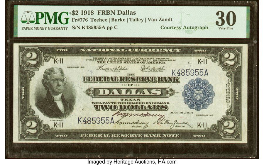 image for: Lynn P. Talley Courtesy Autographed Fr. 776 $2 1918 Federal Reserve Bank Note PMG Very Fine 30....