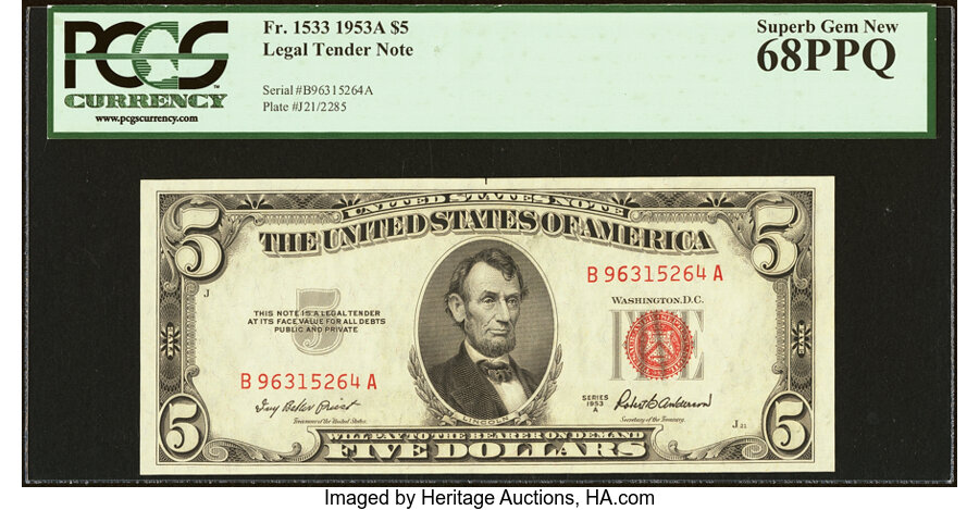 image for: Fr. 1533 $5 1953A Legal Tender Note. PCGS Superb Gem New 68PPQ....