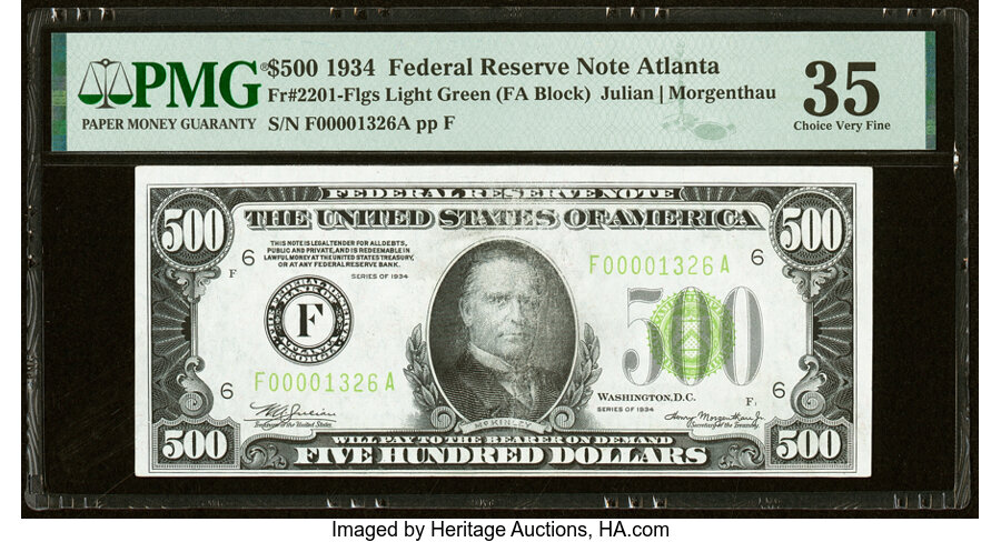 image for: Fr. 2201-F $500 1934 Light Green Seal Federal Reserve Note. PMG Choice Very Fine 35....