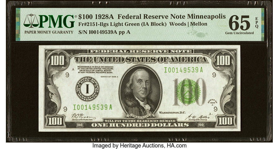 image for: Fr. 2151-I $100 1928A Light Green Seal Federal Reserve Note. PMG Gem Uncirculated 65 EPQ....