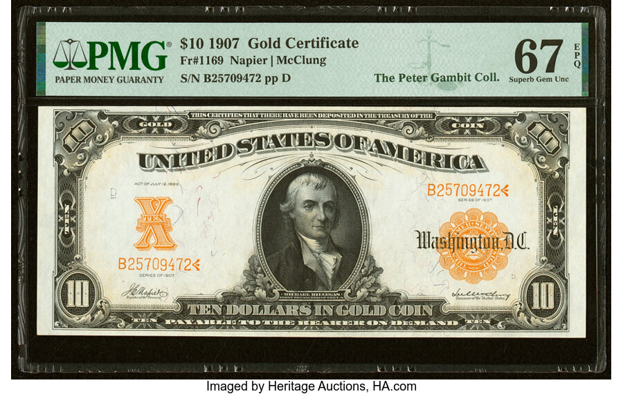 image for: Fr. 1169 $10 1907 Gold Certificate PMG Superb Gem Unc 67 EPQ....