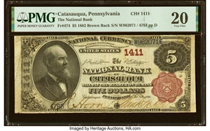 image for: Catasauqua, PA - $5 1882 Brown Back Fr. 474 The National Bank of Catasauqua Ch. # 1411 PMG Very Fine 20....