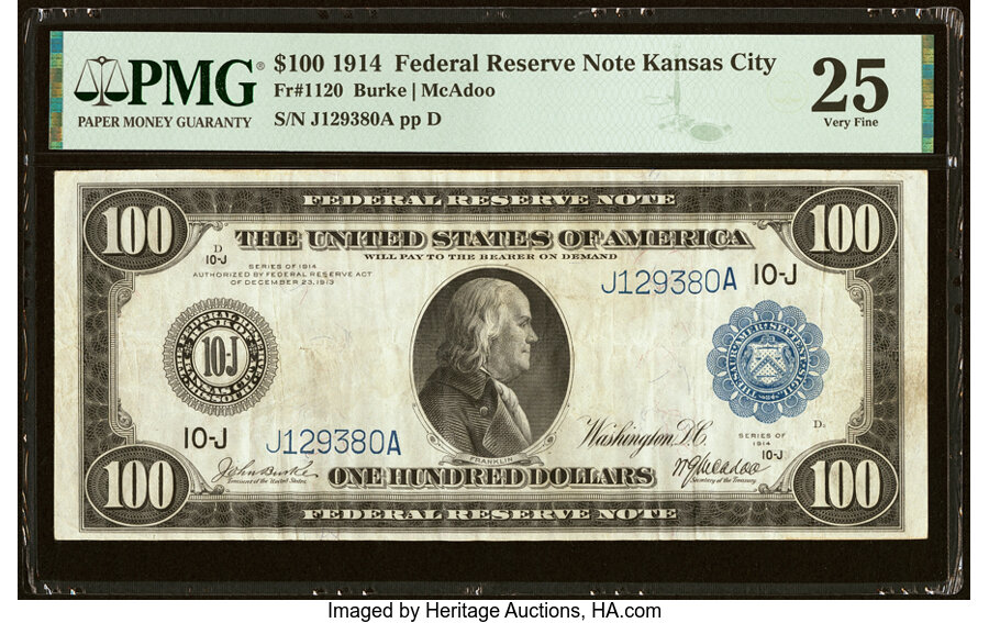 image for: Fr. 1120 $100 1914 Federal Reserve Note PMG Very Fine 25....