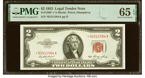 image for: Fr. 1509* $2 1953 Legal Tender Star Note. PMG Gem Uncirculated 65 EPQ....