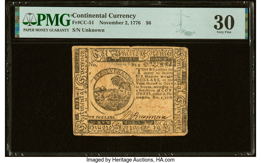 image for: Continental Currency November 2, 1776 $6 PMG Very Fine 30....
