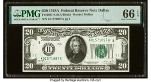 image for: Fr. 2051-K $20 1928A Federal Reserve Note. PMG Gem Uncirculated 66 EPQ....