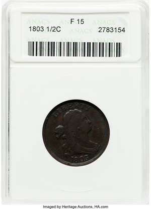 image for: 1803 1/2 C C-1, B-1, R.1, Fine 15 ANACS. Mintage 92,000....