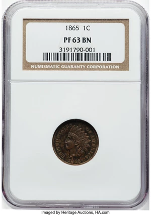 image for: 1865 1C PR63 Brown NGC. NGC Census: (12/26). Mintage 500. ...