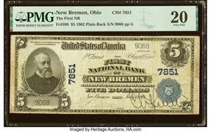 image for: New Bremen, OH - $5 1902 Plain Back Fr. 599 The First National Bank Ch. # 7851 PMG Very Fine 20....