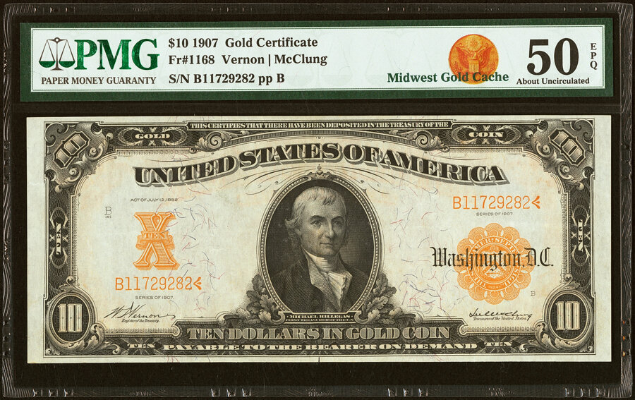 image for: Fr. 1168 $10 1907 Gold Certificate PMG About Uncirculated 50 EPQ....