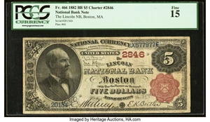 image for: Boston, MA - $5 1882 Brown Back Fr. 466 The Lincoln National Bank Ch. # 2846 PCGS Fine 15....