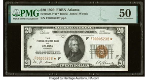 image for: Fr. 1870-F* $20 1929 Federal Reserve Bank Star Note. PMG About Uncirculated 50....
